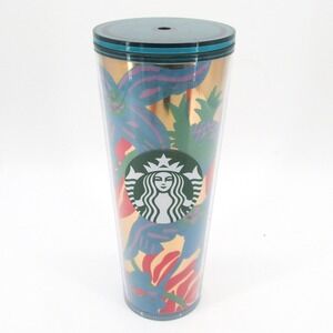 Starbucks Tumbler 24 oz Gold Tropical Floral Print with Teal Lid Summer 2022